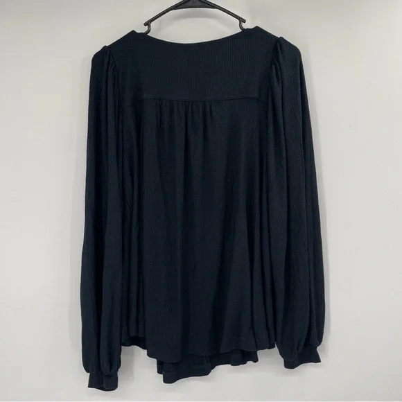 Free People Devin Black Balloon Sleeve Henley Oversized Textured Knit Top - Picture 9 of 13